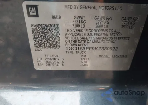 2019 Chevrolet Silverado Work Truck z USA, uszkodzony, nr VIN 01GCUYAEF9KZ38092